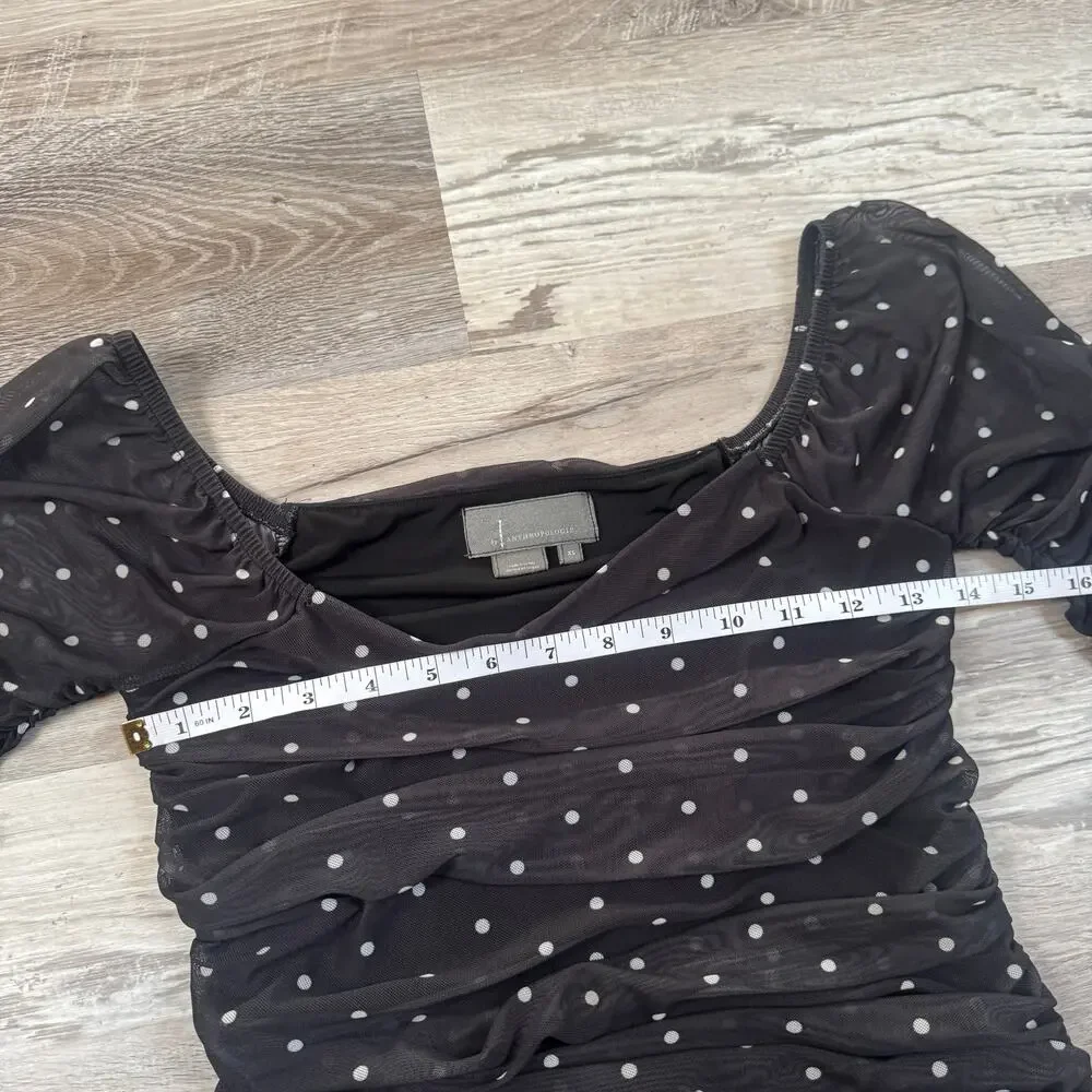 Anthropologie Black Polka Dot Mesh Ruched Puff Sleeve Coquette Top Fall Y2K XS